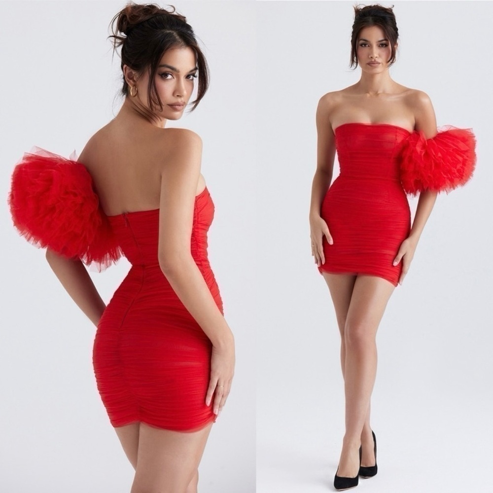NEW! House of CB- Noelle Scarlet Mini Dress Red Ruffle Ball One Sleeve Size S